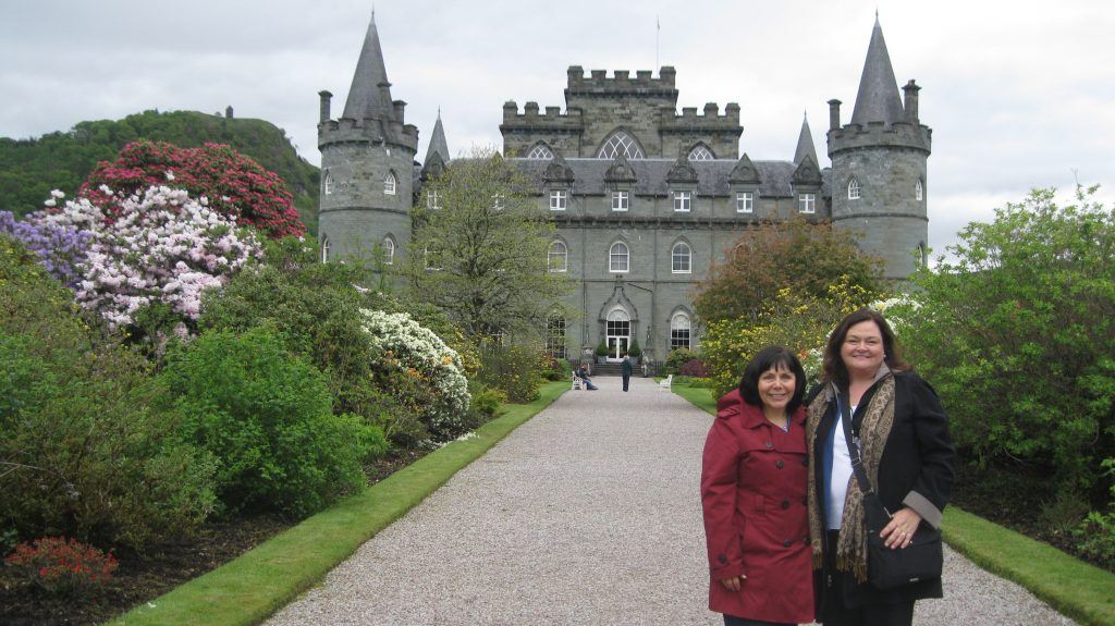 Carrie and Cathy in the Inverarary Castle gardens in Scotland.